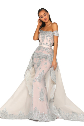 PS5020 Silver Nude Off-Shoulder Gown