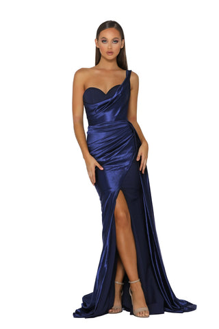 Navy one-shoulder dress PS5021 with high slit