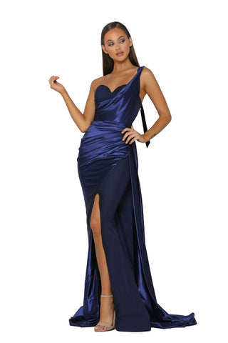 Navy one-shoulder gown PS5021 with high slit