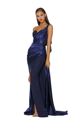 Navy PS5021 one-shoulder gown with thigh slit.