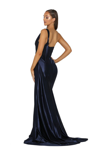 Navy one-shoulder gown PS5021