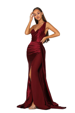 Red one-shoulder gown PS5021
