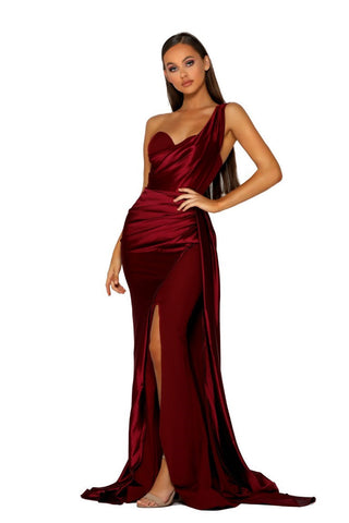Red one-shoulder gown PS5021 with high slit