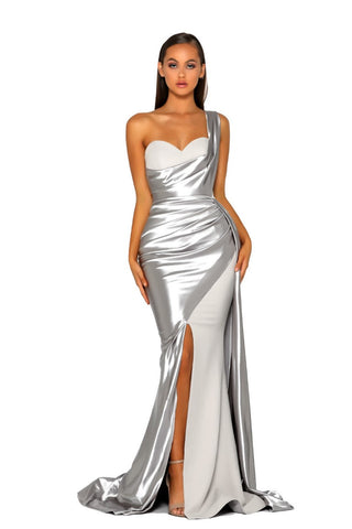 PS5021 Silver One-Shoulder Gown with High Slit