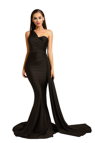 PS6321 Black One-Shoulder Evening Gown