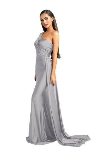 Ice gray one-shoulder gown, PS6321.