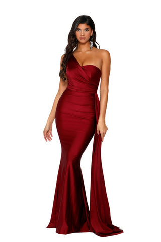 Deep red one-shoulder formal gown, PS6321