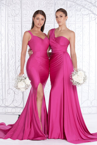 Two women in fuchsia bridesmaid dresses