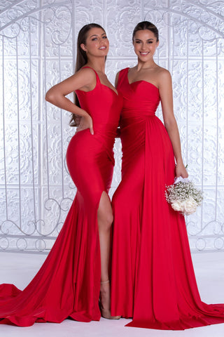 Two women in red formal dresses