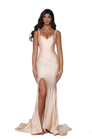 Champagne colored gown with high slit