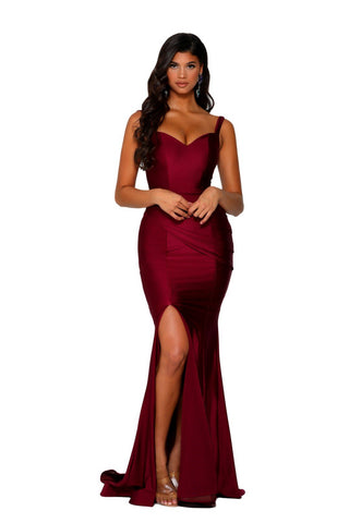 Deep red formal dress with thigh slit
