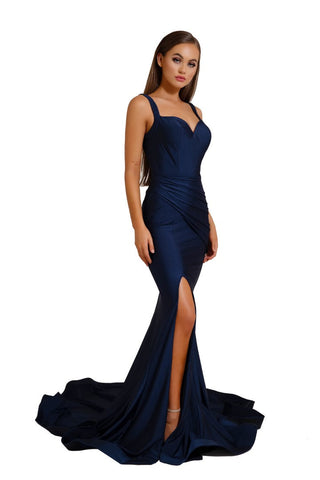 Navy blue formal gown with slit.