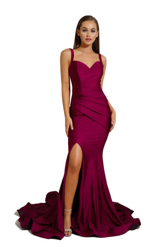 Plum colored formal gown with high slit