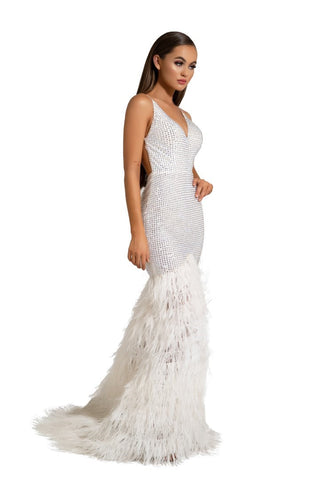 Ivory beaded gown with feather train - PS6826