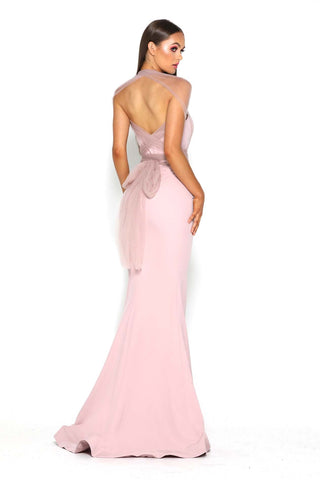 PS723 pink formal gown with bow detail
