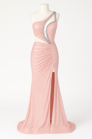Salmon-colored one-shoulder gown with a high slit.