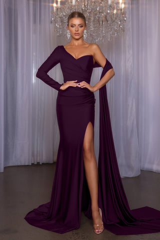 Sera aubergine gown with one-sleeve and high slit