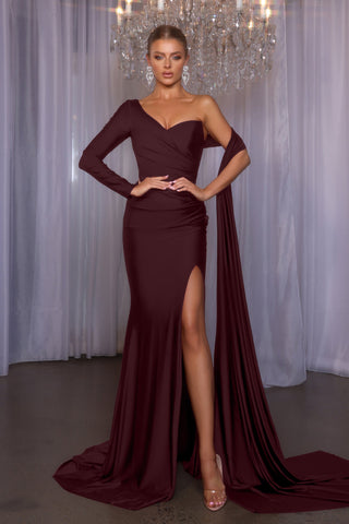 Sera Burgundy One-Shoulder Gown with High Slit