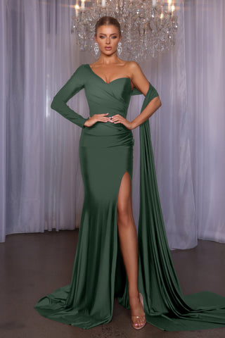 Sera Fern in elegant green one-shoulder gown