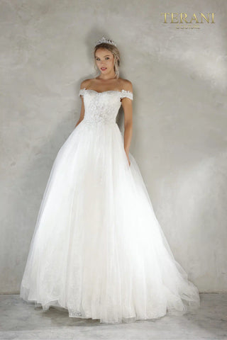 Terani 2215P0034 Off-Shoulder White Gown - Front View