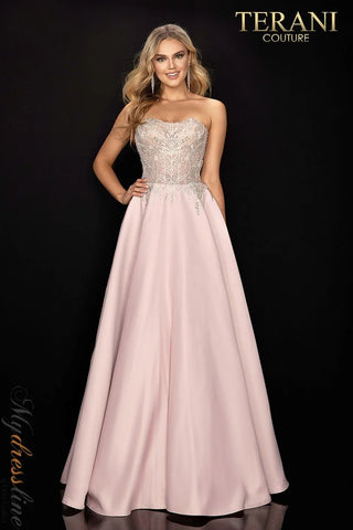 Terani Couture 2011P1197 front view, pink strapless evening gown