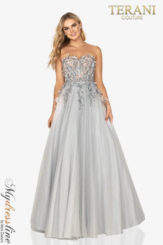 Terani Couture Silver Embellished Strapless Gown - Front View