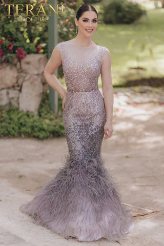 Terani Couture 2021GL3577 evening gown with feather train