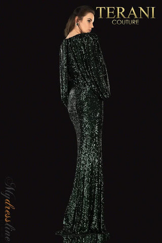 Terani Couture 2021M2962 back view of a sequin gown.