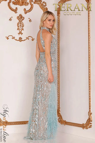 Terani Couture 2027GL3246 back view embellished gown with feathers.