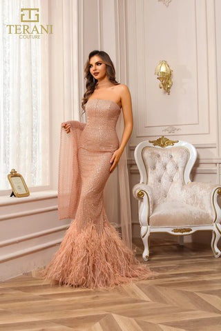 Terani Couture gown 251P4303 with feathered train