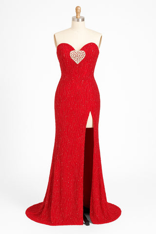 Red heart-embellished formal dress, June 2, 2025
