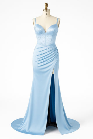 Light blue prom dress with high slit
