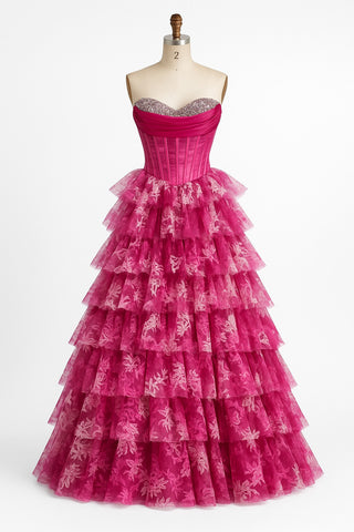 Pink tiered formal gown, June 2025