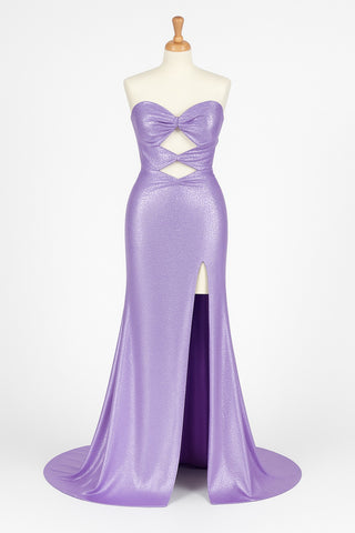 Purple slit-front evening gown on mannequin, June 2, 2025