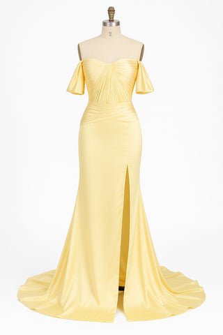 Yellow off-the-shoulder formal dress with slit, June 2, 2025.