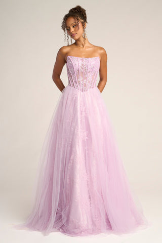 Lilac strapless gown with corset bodice