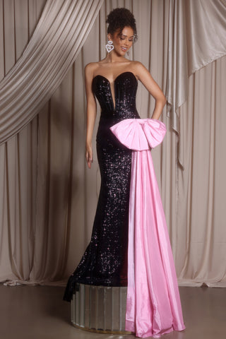 Black sequin gown with pink bow detail