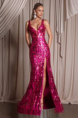 XO036 Fuchsia Sequin Gown