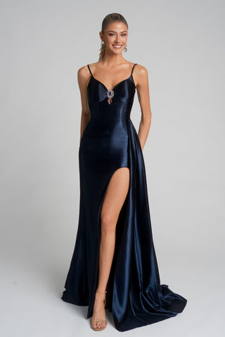 XO037 Navy Blue Slit Gown