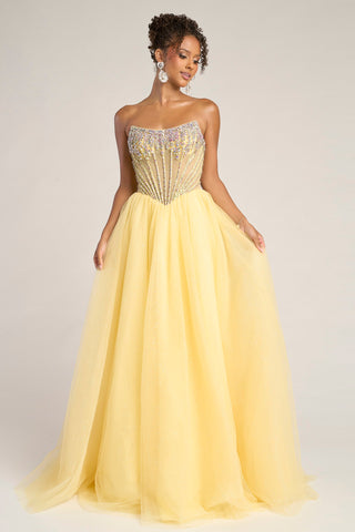 Yellow strapless gown, XO047