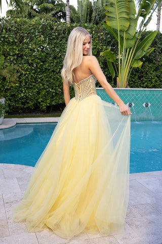 Yellow formal gown XO047 near pool