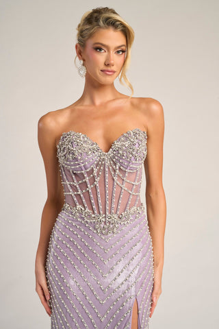 Lavender beaded gown on model