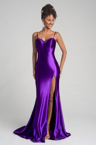 XO060 Purple Satin Prom Dress with Slit