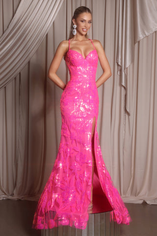 Pink sequin gown with high slit