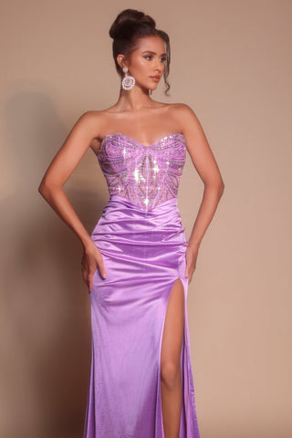Lilac formal gown with high slit.