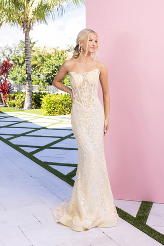 Yellow strapless gown, XO082, on model