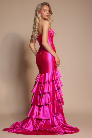 Fuchsia ruffle-hem evening gown