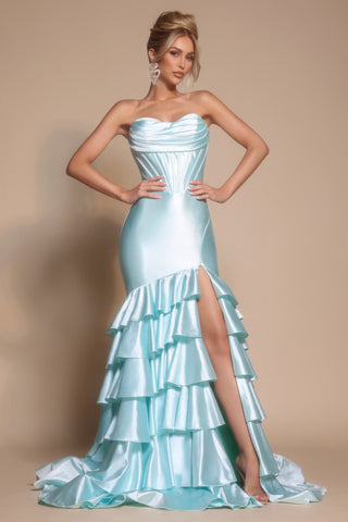 Light blue XO085 ruffled formal dress with high slit