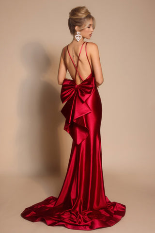 Burgundy formal gown with bow back