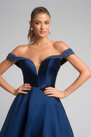 Navy off-the-shoulder gown (XO117)